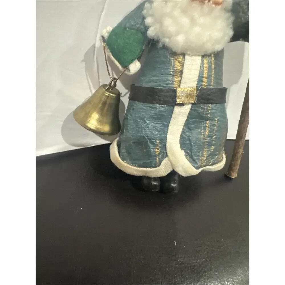 Vintage Paper Mache Blue Santa Claus Bell Ornament w Staff Christmas Decor